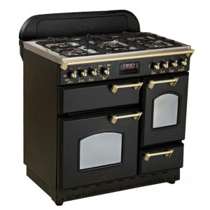 اجاق-گاز-تاکنوگاز-کلاسیک-مدل-فالکون-5b-bs-gold-مشکی-با-دستگیره-طلایی-و-صفحه-گاز-استیل